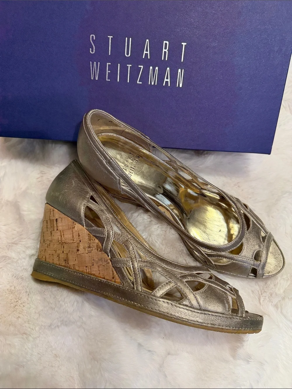 Stuart Weitzman Gold Peep Toe Wedges sz 7